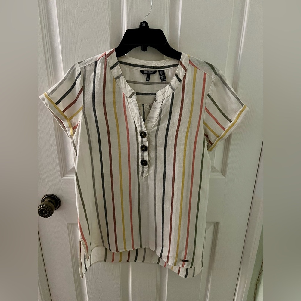 Ellen Tracy 100% Linen Multi-Stripe Short Sleeve Henley Top, Size Small